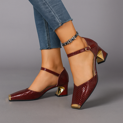 Stylish Valencia block heels for women, featuring a shiny metal tip. Ideal elegant dress shoes.