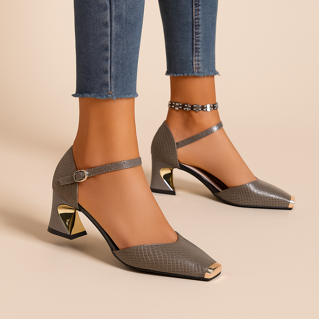 Modern women's Valencia block heels, featuring an elegant design with a metallic toe tip. High fashion.