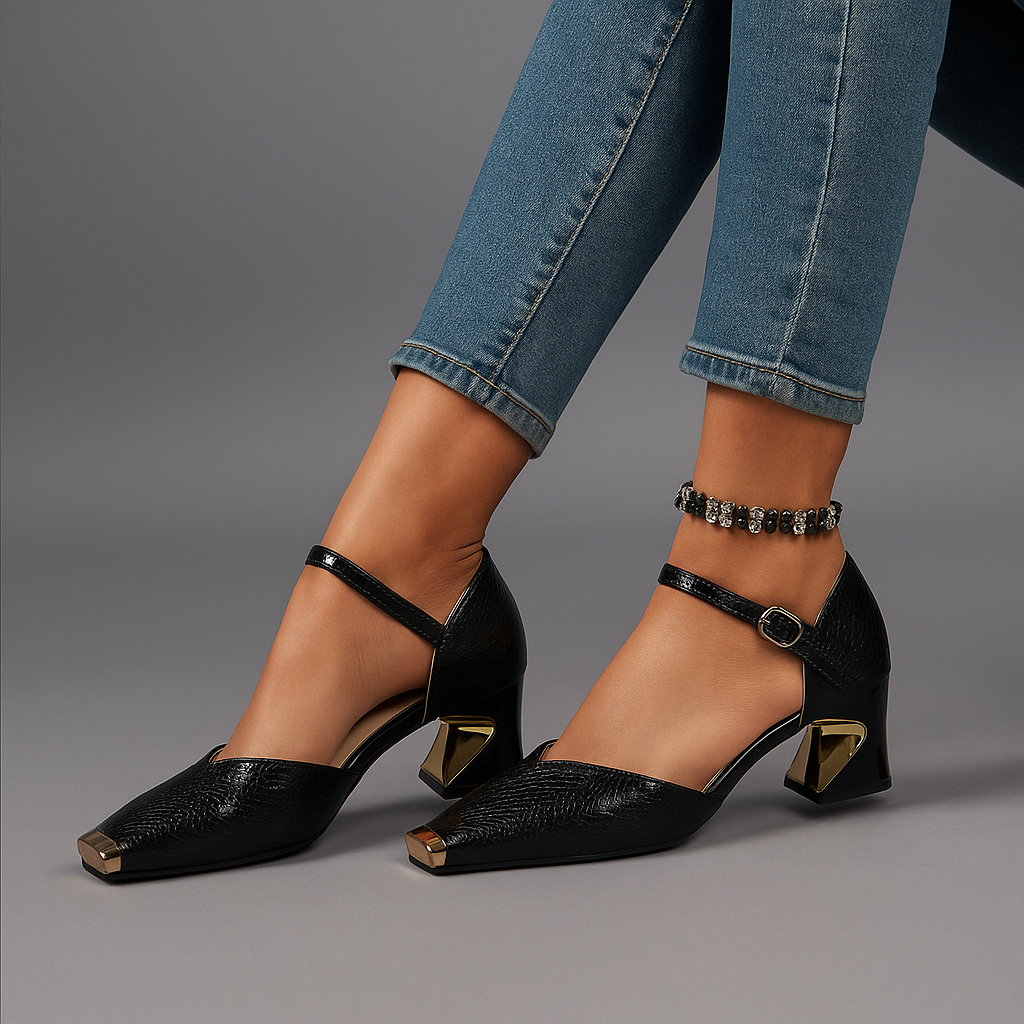 Sleek women's block heels with a gleaming metal tip and secure ankle strap. Fashionable & elegant.