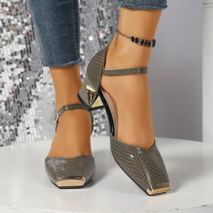 Women's Valencia block heels with metallic tip. Elegant, modern fashion heels with ankle strap.