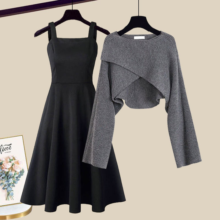 Elegant women's versatile knit dress set with layered design, perfect for fall and winter fashion.