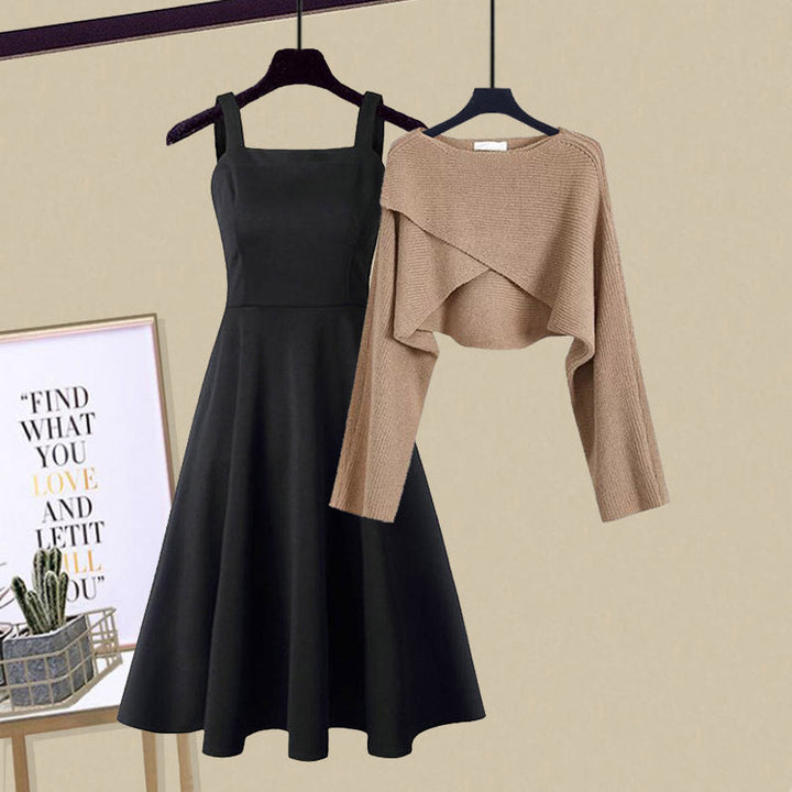 Comfortable 2-piece women's sweater set, featuring an a-line knit dress and cropped top for a layered look.