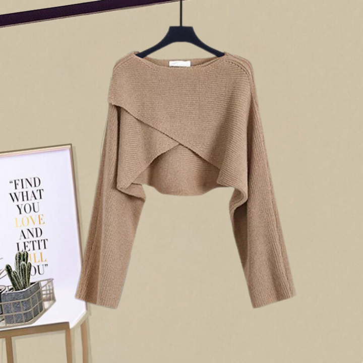 Stylish women's knit dress and cropped sweater set, ideal for office attire, casual wear, or travel outfits.