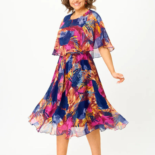 Elegant women's vibrant floral midi dress with flowy style, perfect for summer & spring occasions. Chic & comfortable.