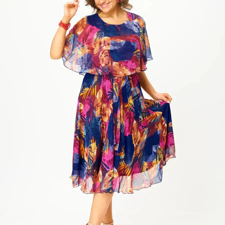 Vibrant floral midi dress for women. Elegant, flowy, and comfortable A-line style, ideal for spring & summer occasions.