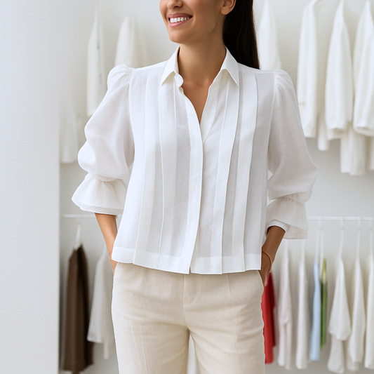 Elegant Women's Vienna pleated blouse with puff sleeves, perfect for office wear or a stylish everyday look.