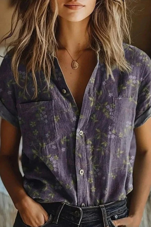 Relaxed fit women's vintage floral button-up blouse with lapel collar, ideal for casual wear or chic office style.