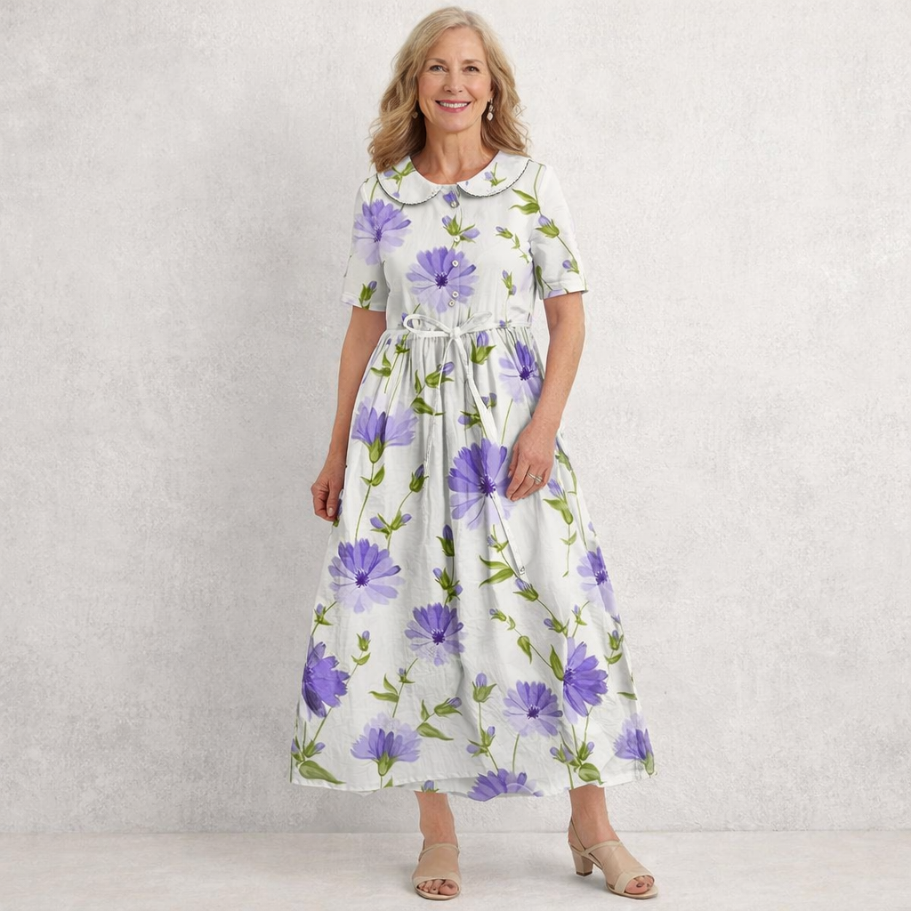 Elegant women's vintage floral maxi dress with Peter Pan collar and tie waist, perfect for summer garden parties.