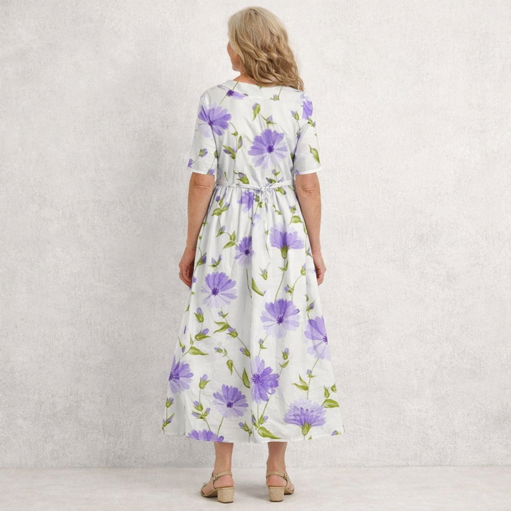 Feminine floral maxi dress for women, featuring a vintage style and Peter Pan collar, ideal for spring outfits.