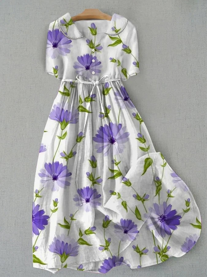 Chic women's vintage floral maxi dress with an elegant Peter Pan collar, ideal for casual chic and summer fashion.