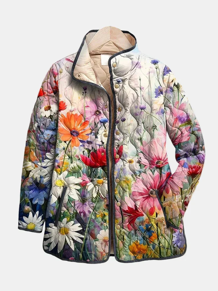 Elegant Women's Vintage Floral Quilted Jacket, a lightweight multicolor outerwear piece perfect for fall fashion.