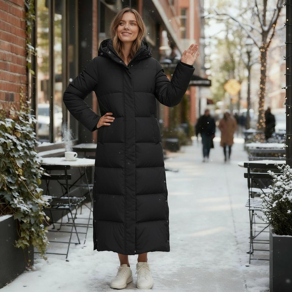 Windproof women's warm winter coat. Stylish quilted long jacket for elegant fall & winter outerwear.