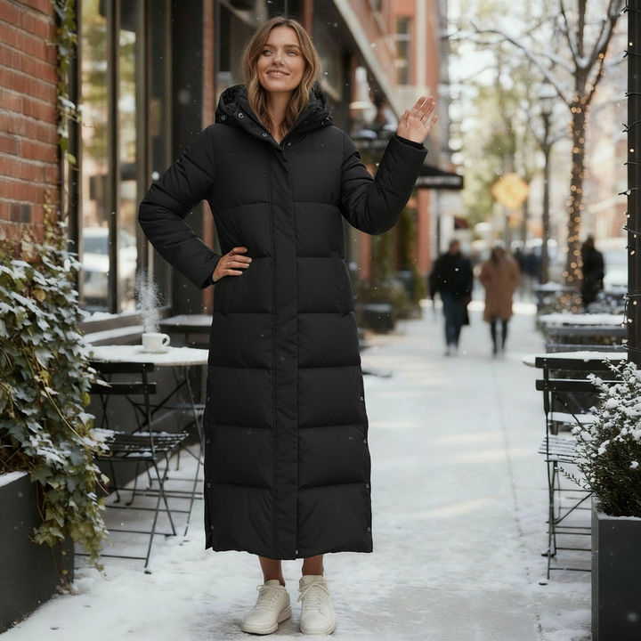 Windproof women's warm winter coat. Stylish quilted long jacket for elegant fall & winter outerwear.