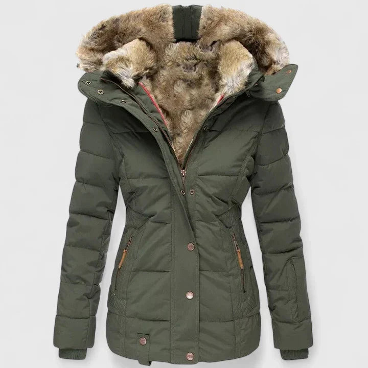 Elegant women's warm winter coat for cold weather. Comfortable & stylish outerwear with a chic design.