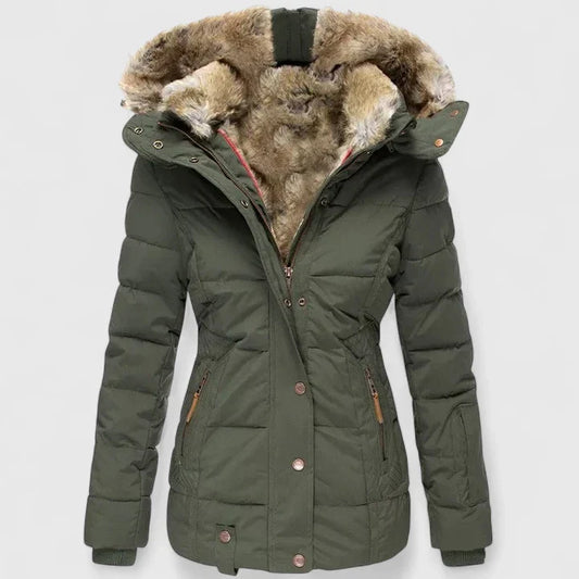 Elegant women's warm winter coat for cold weather. Comfortable & stylish outerwear with a chic design.
