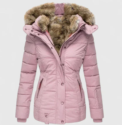 Warm hooded winter coat for women. Elegant, comfortable & stylish cold weather outerwear for chic fashion.