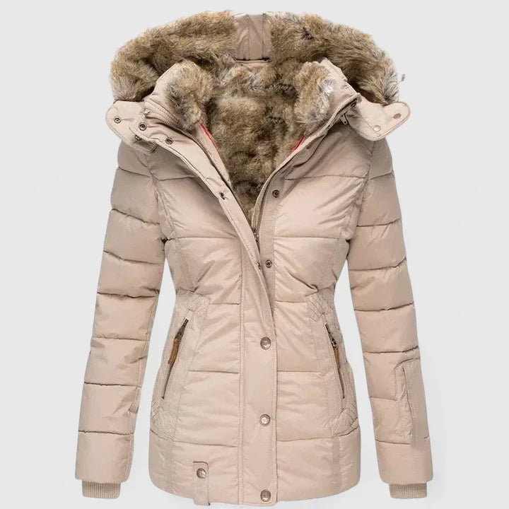 Chic women's comfortable winter coat, offering warmth and elegant style. Versatile cold weather outerwear fashion.