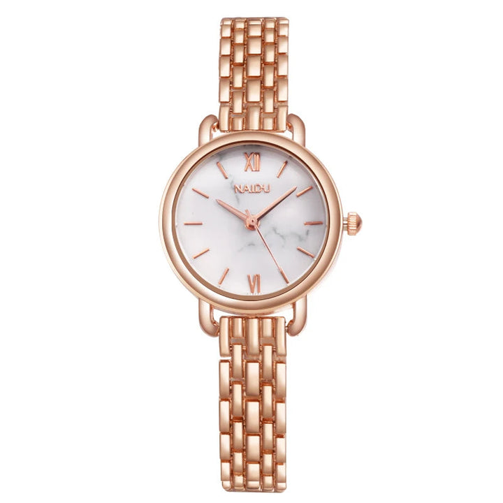 Versatile women's marble dial watch, stainless steel, a chic and elegant fashion accessory.
