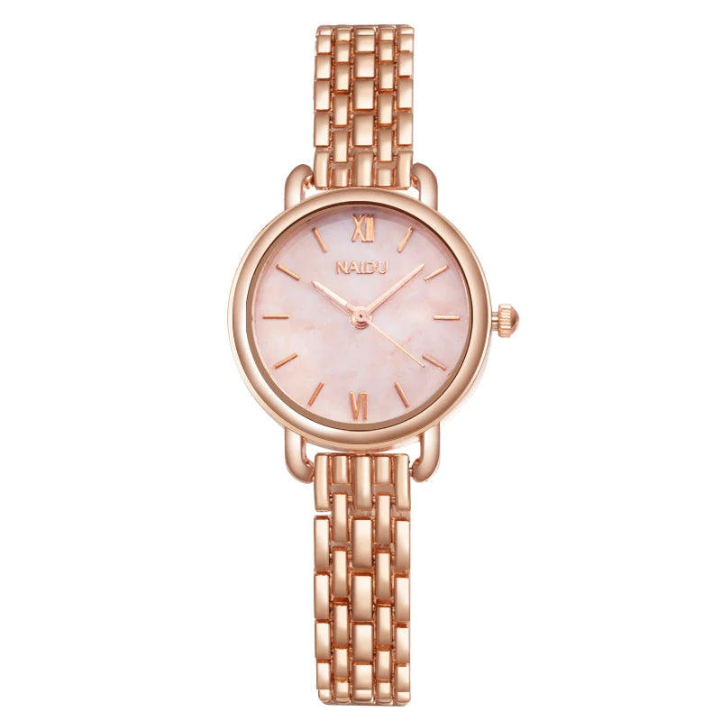 Luxurious women's watch, marble dial, rose gold stainless steel, elegant & sophisticated.