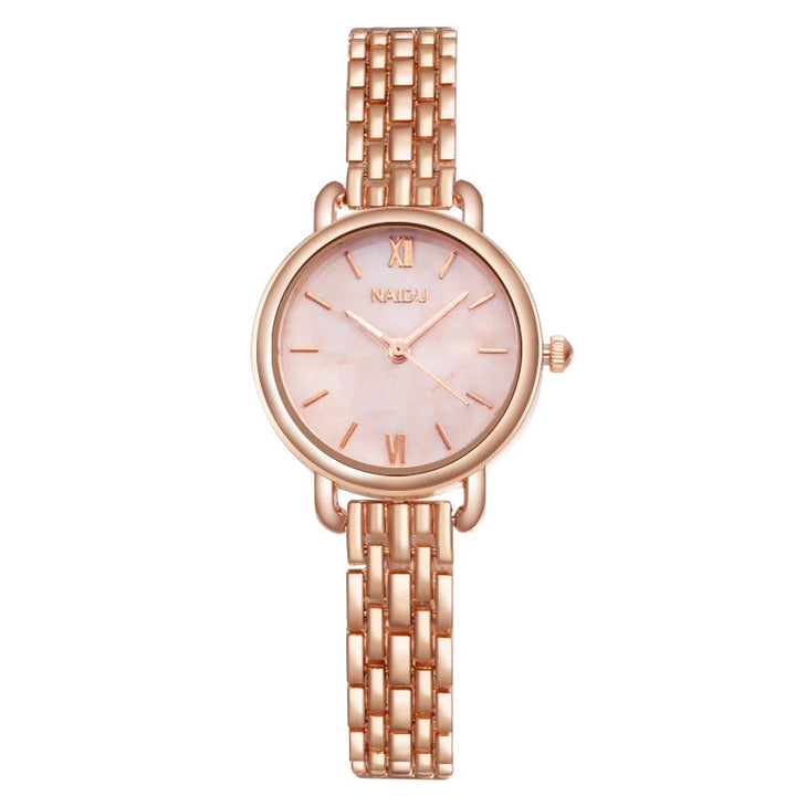 Luxurious women's watch, marble dial, rose gold stainless steel, elegant & sophisticated.
