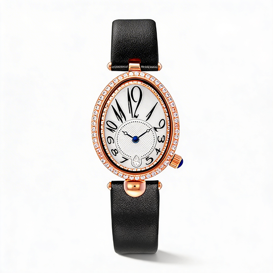 Elegant women's watch with an oval dial and a black leather strap, quartz movement, water-resistant.