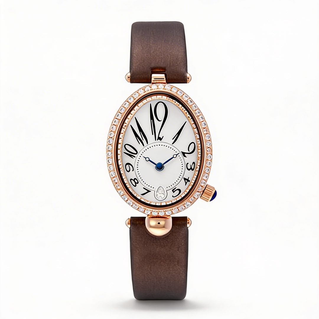 Stylish women's oval dial watch with a genuine leather strap, perfect for fashion-forward women.