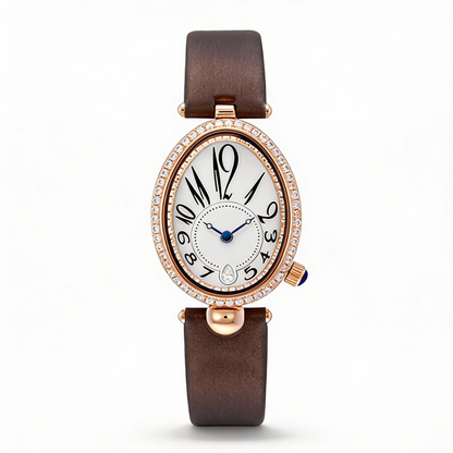 Stylish women's oval dial watch with a genuine leather strap, perfect for fashion-forward women.