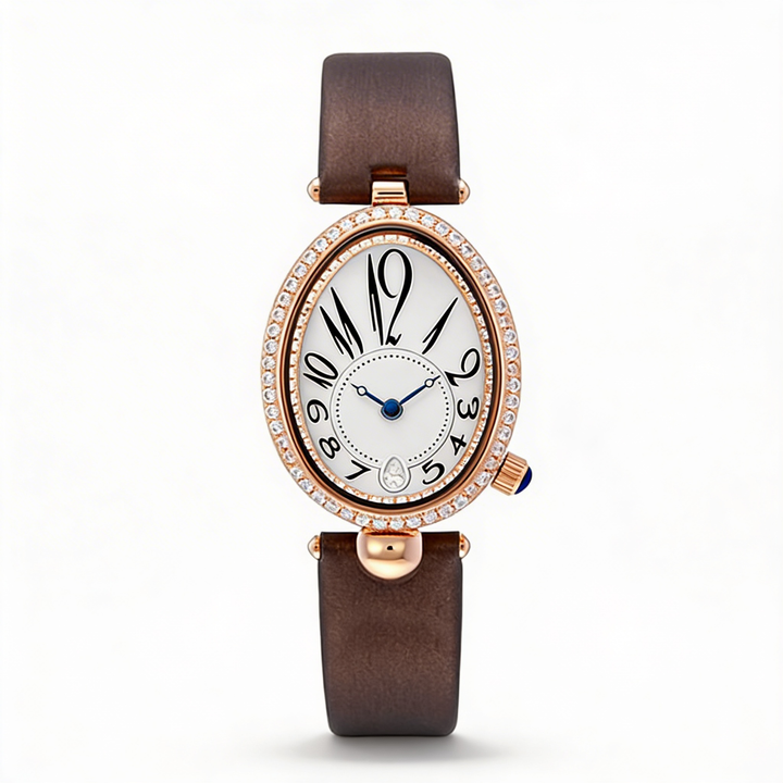 Stylish women's oval dial watch with a genuine leather strap, perfect for fashion-forward women.