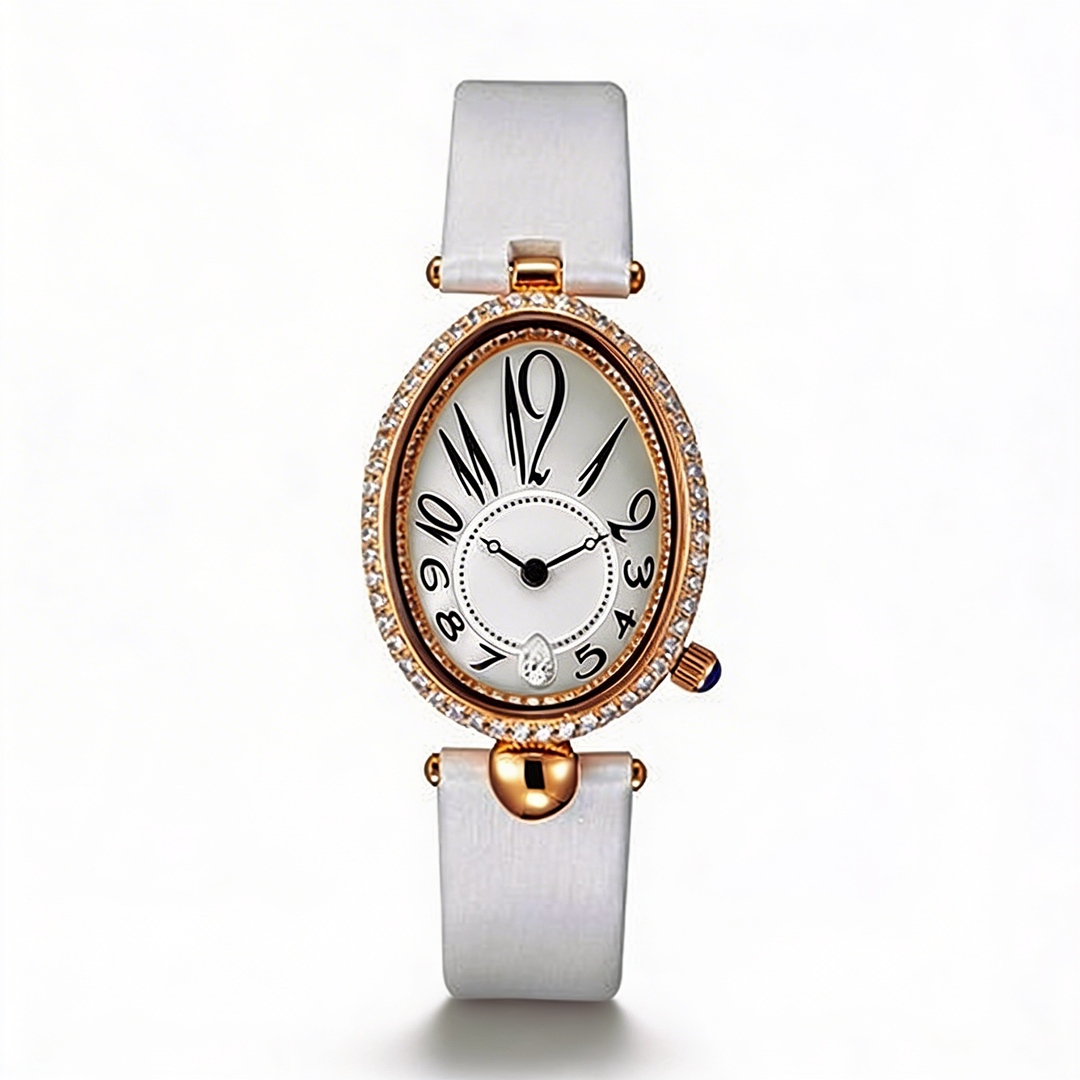 Water-resistant women's elegant quartz watch featuring an oval dial and a chic leather strap.