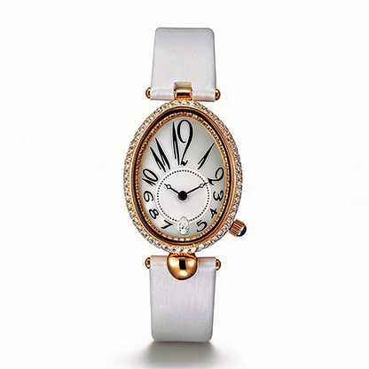 Water-resistant women's elegant quartz watch featuring an oval dial and a chic leather strap.