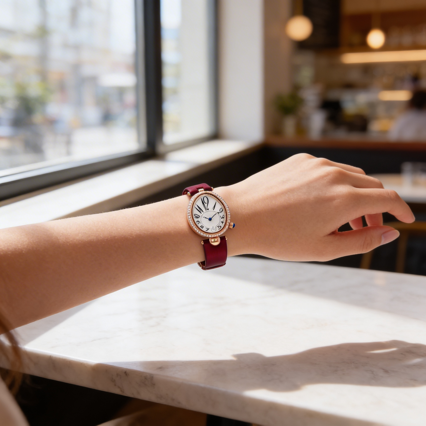 Timeless women's elegant watch, oval face with a refined leather band, perfect for daily wear.