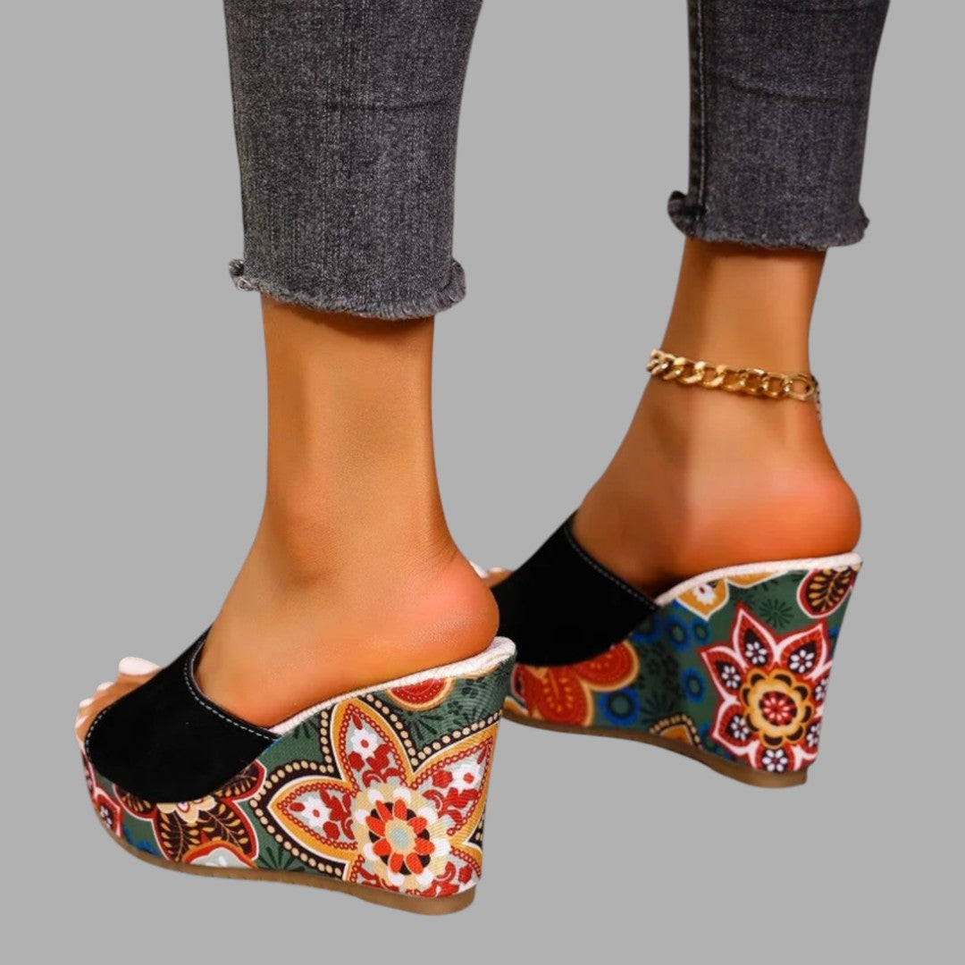 Women's elegant evening wear wedge sandals. Comfortable open-toe design provides sophisticated elevated style.