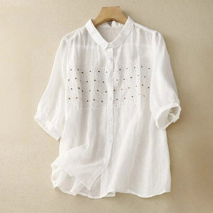 Elegant women's white embroidered long sleeve comfort shirt, perfect for spring casual wear & summer style.