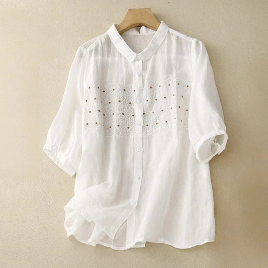 Elegant women's white embroidered long sleeve comfort shirt, perfect for spring casual wear & summer style.