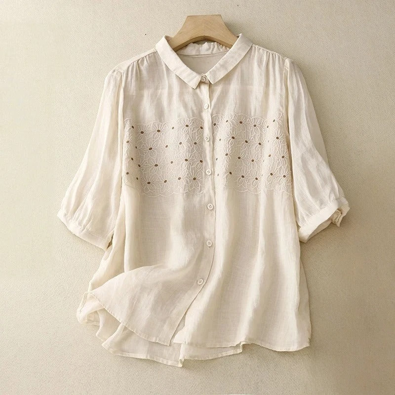 Chic women's cream embroidered button-down blouse, a versatile top for everyday elegant comfort & style.