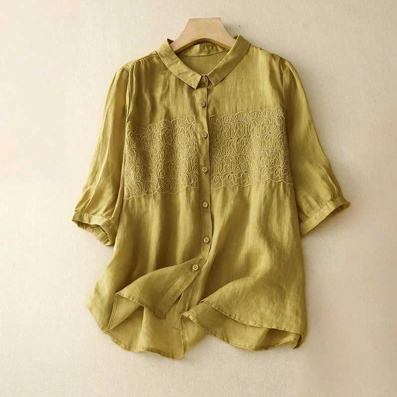 Comfortable green embroidered women's long sleeve shirt, an ideal casual top for versatile spring & summer fashion.
