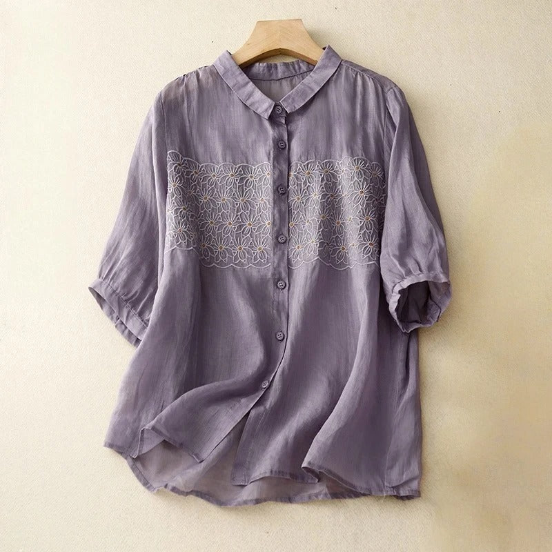 Model in a stylish women's embroidered comfort shirt, a versatile long sleeve button-down for effortless everyday chic.