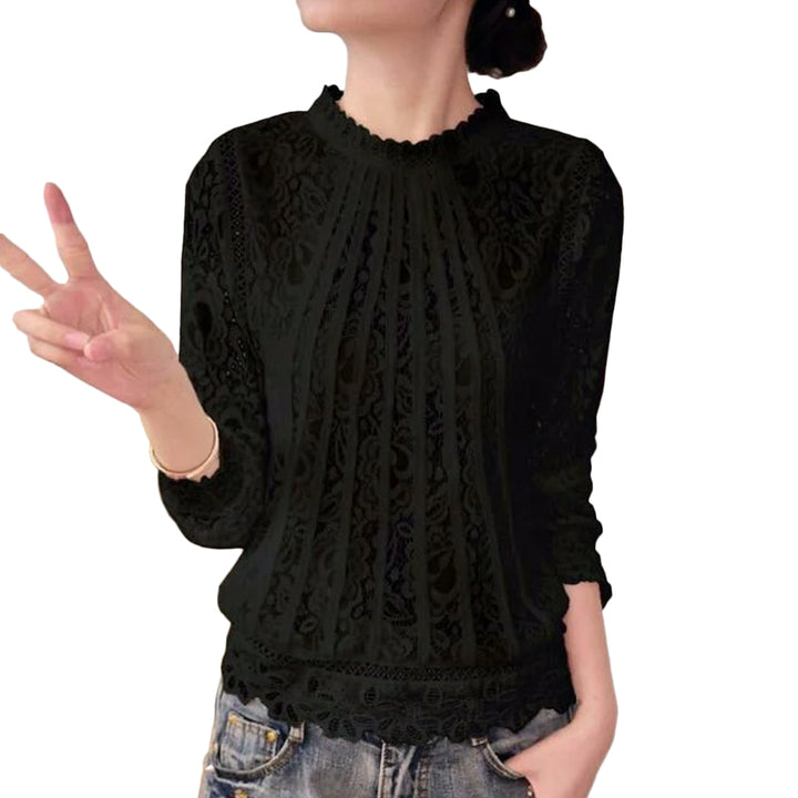 Elegant women's white lace blouse with long sleeves, perfect for chic office wear or romantic evenings.