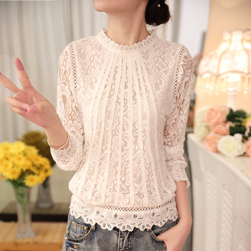 Chic floral lace long-sleeve blouse for women. A versatile fashion top suitable for various elegant occasions.
