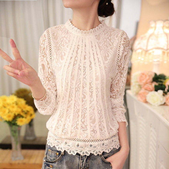 Chic floral lace long-sleeve blouse for women. A versatile fashion top suitable for various elegant occasions.