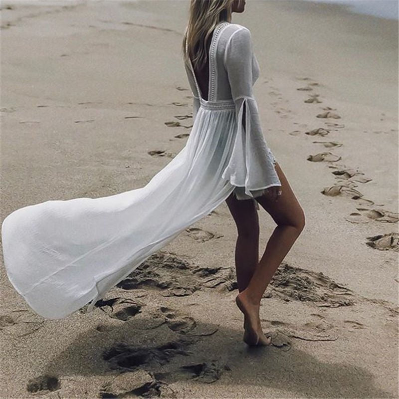 Stylish women's white open back maxi dress, perfect for beach, vacation, resort wear, and summer elegance.