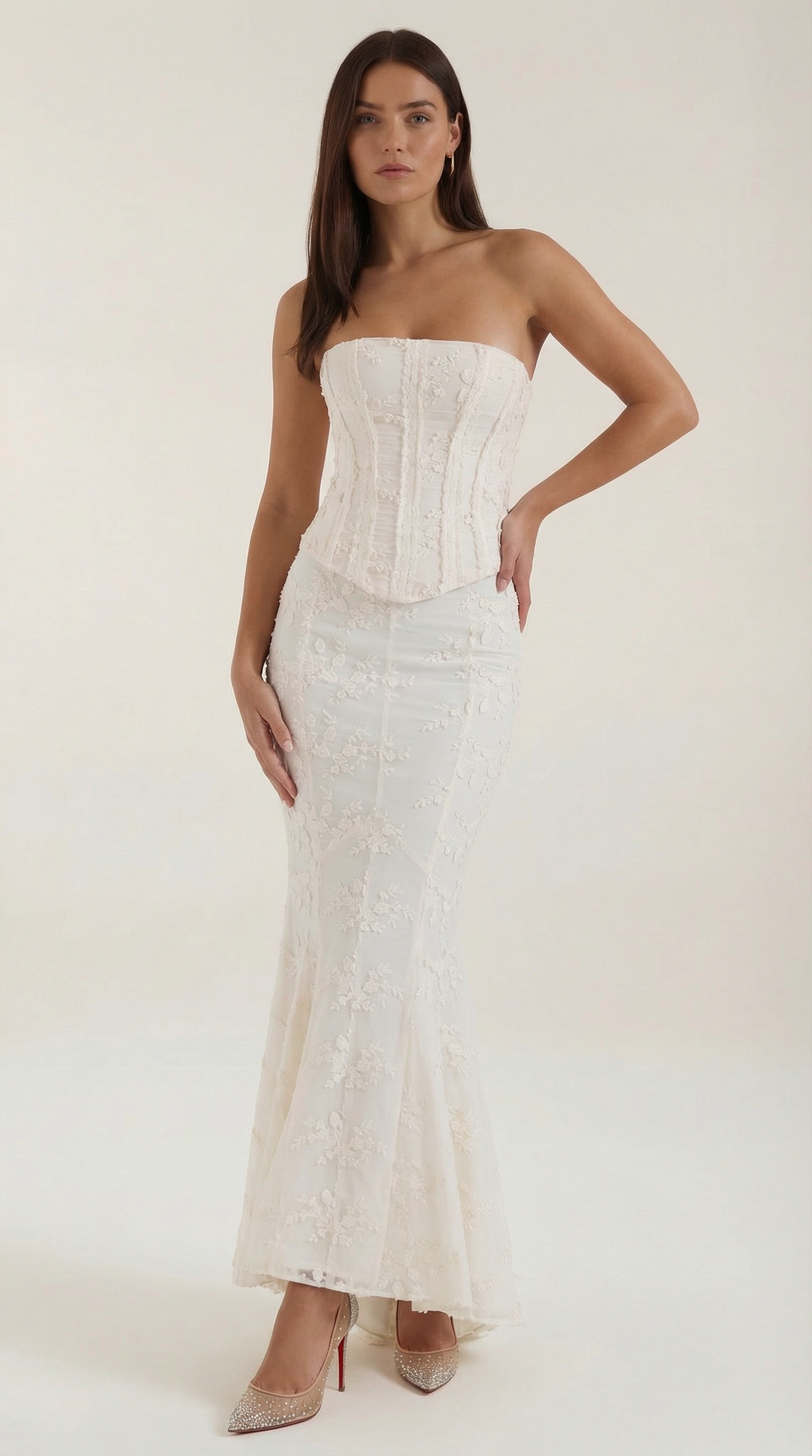Elegant women's white strapless corset maxi dress, perfect as a formal gown for special occasion evening wear.