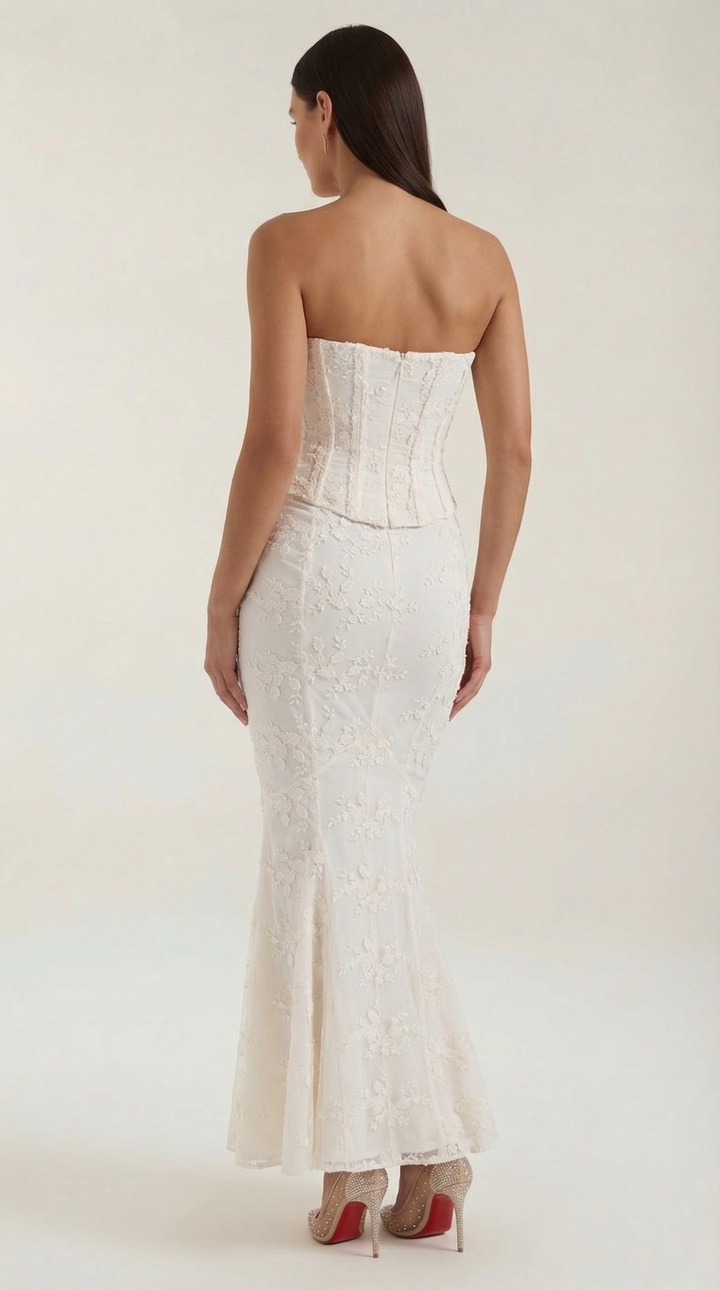 Women's elegant strapless corset maxi dress, a stunning formal gown for evening wear and special occasions.