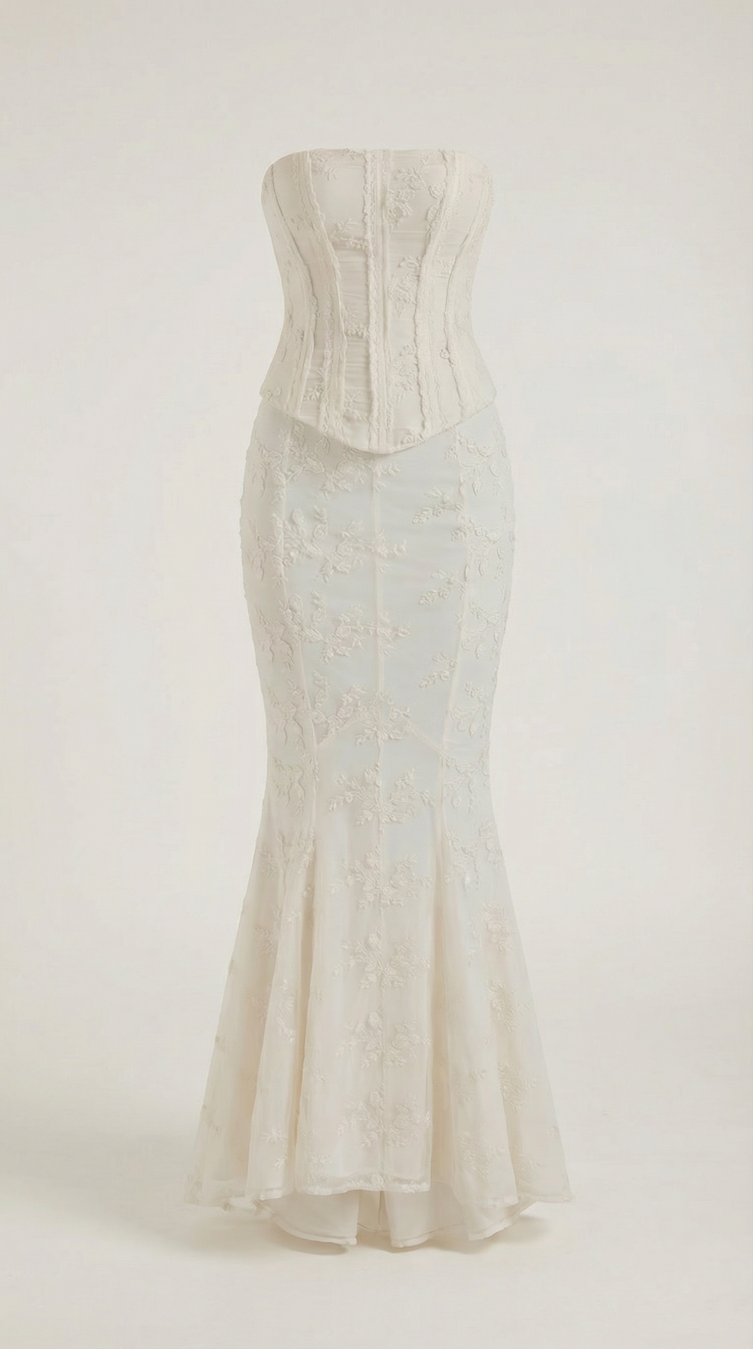 White elegant strapless corset maxi dress, a beautiful formal gown for women's special occasion and evening.