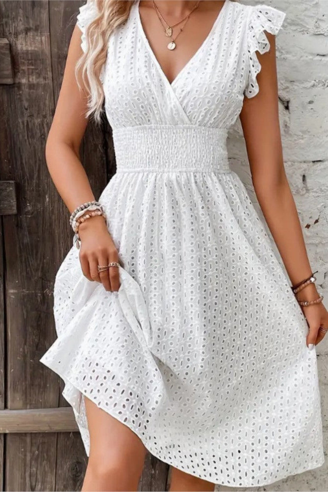 Chic women's strapless midi dress in white, elegant occasion wear for formal spring or summer events.