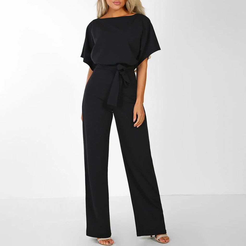 Modern women's wide-leg belted jumpsuit, perfect for a chic and casual look, showcasing versatile fashion.