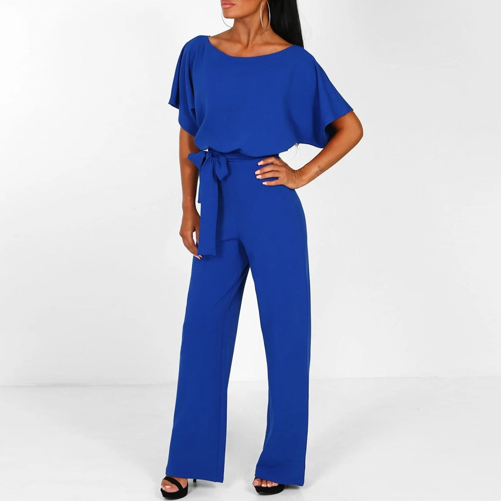 Fashionable women's wide-leg jumpsuit with a flattering belted waist, an elegant and versatile outfit choice.
