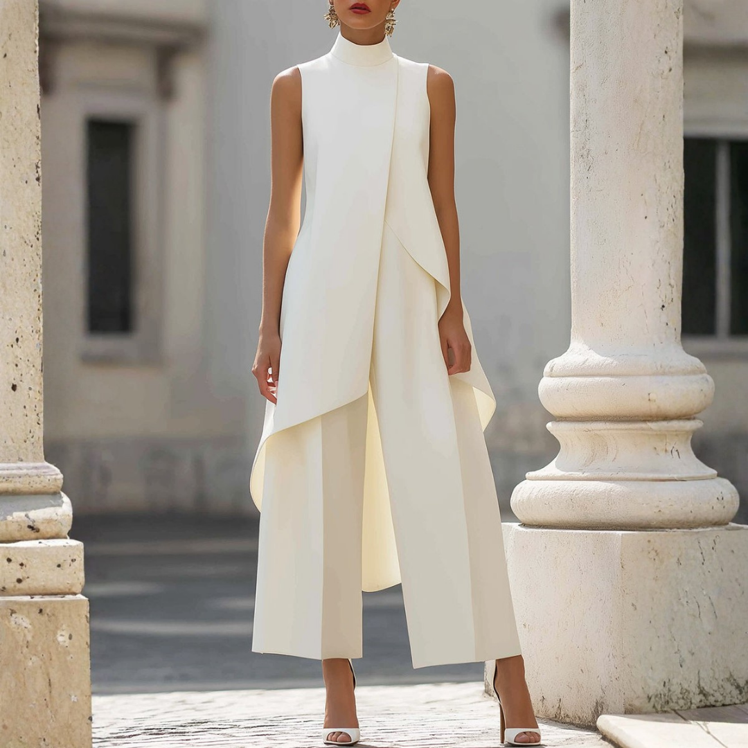 Elegant women's wide-leg jumpsuit with drop waist. Perfect for sophisticated evening wear or formal events.