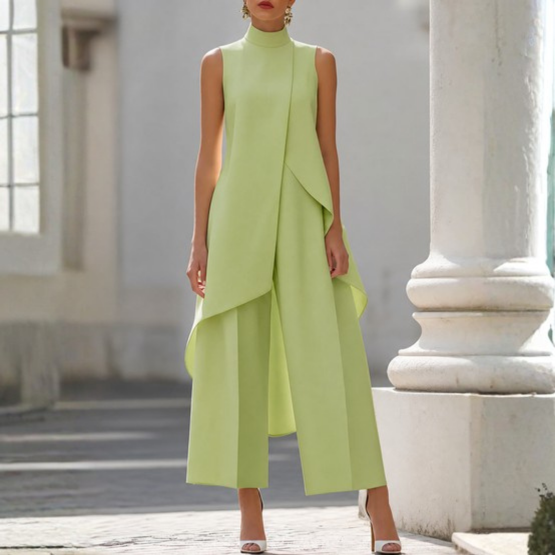 Sleeveless high-neck wide-leg jumpsuit for women. Elegant drop waist makes it ideal for formal or evening outfits.