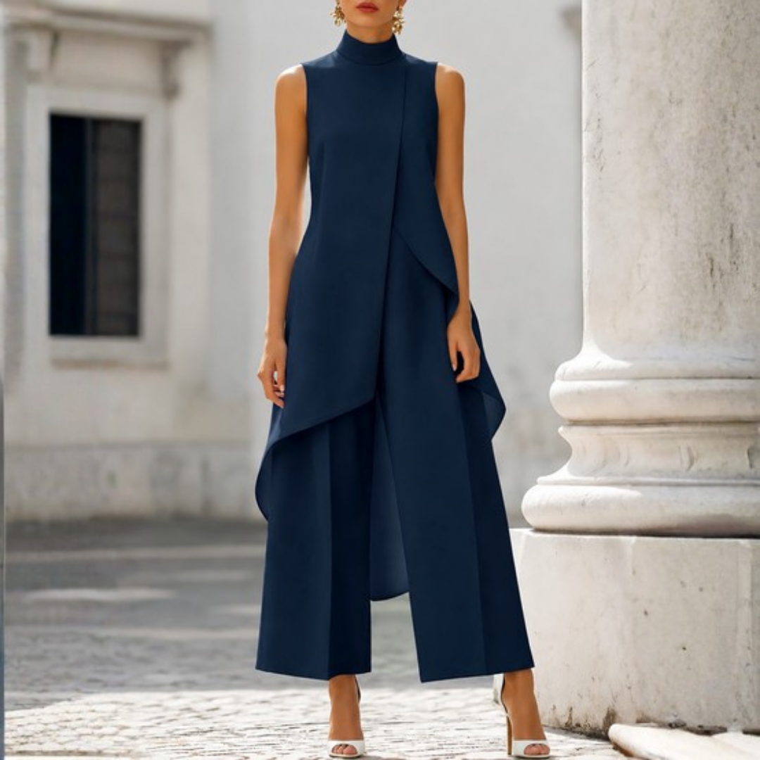 Chic women's wide-leg jumpsuit with a flattering drop waist. Features a high neck and sleeveless cut for modern style.